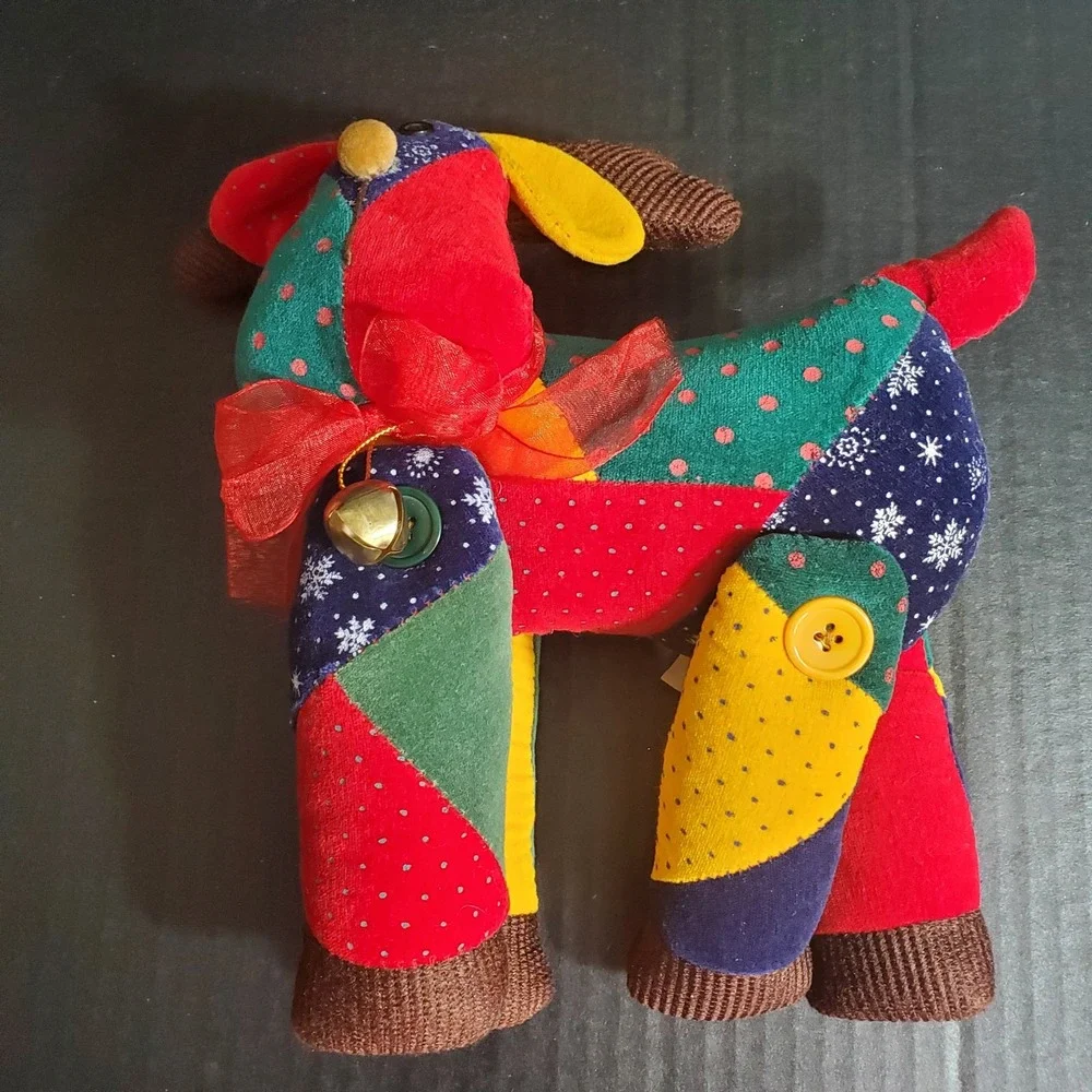 Sun Point Co Moose Plush‎ Whimsical Patchwork Reindeer Decorative Plush w/Bell